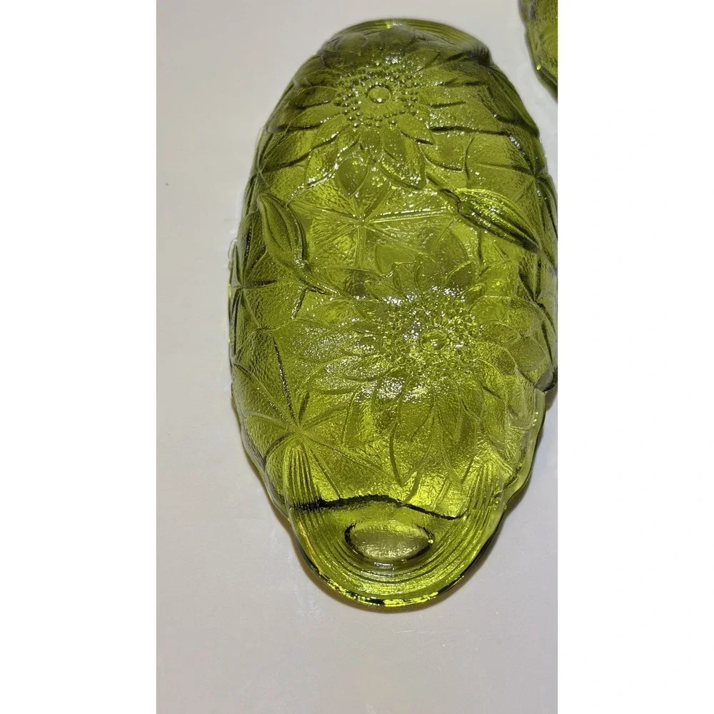 2 Avocado Green Serving  Glass Dish Sunflower Pattern Celery